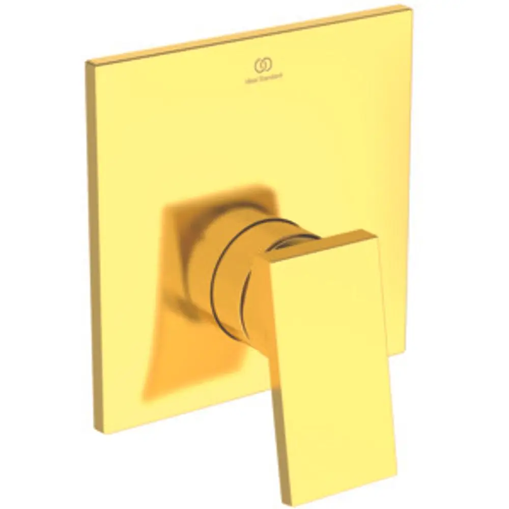 Brausearmatur in goldener Oberfläche von Ideal Standard. Quadratische Grundplatte mit rechteckigem Griff. Minimalistisches Design für moderne Badezimmerausstattung.